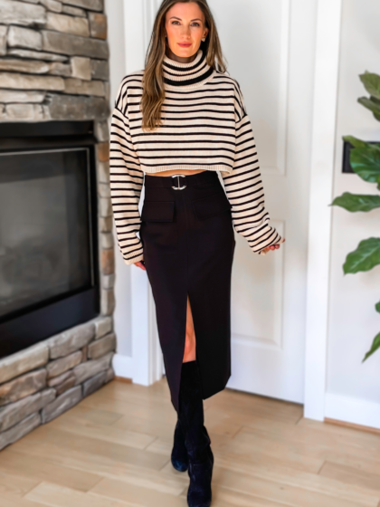 Next Level Belted Front Slit Midi Skirt - Black - SALE