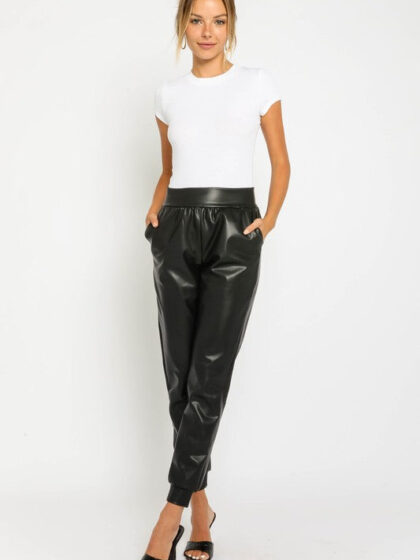 So She Said Faux Leather Joggers