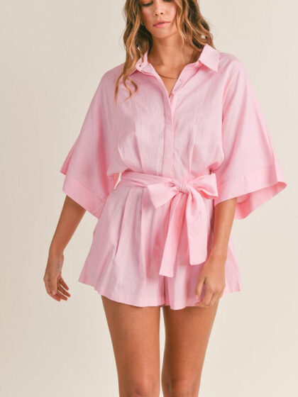Marissa Linen Blend Shirt Romper - Pink