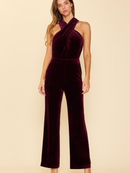 Party Perfect Velvet Halter Jumpsuit - Burgundy - SALE
