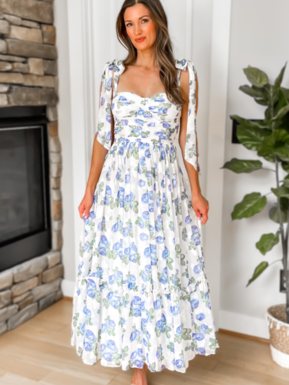 Florence Blue Floral Tie Strap Midi Dress - restock!