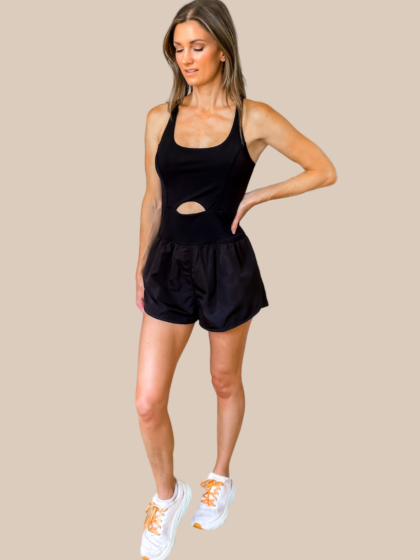 Back To It Cut Out Athletic Romper - Black - SALE