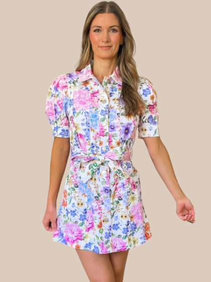 Charlotte Floral Puff Sleeve Mini Dress - White Multi