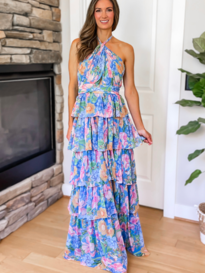 Amelia Multi Floral Halter Maxi Dress - Blue
