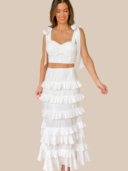Mila Ruffle Two Piece Skirt Set - White - restock!