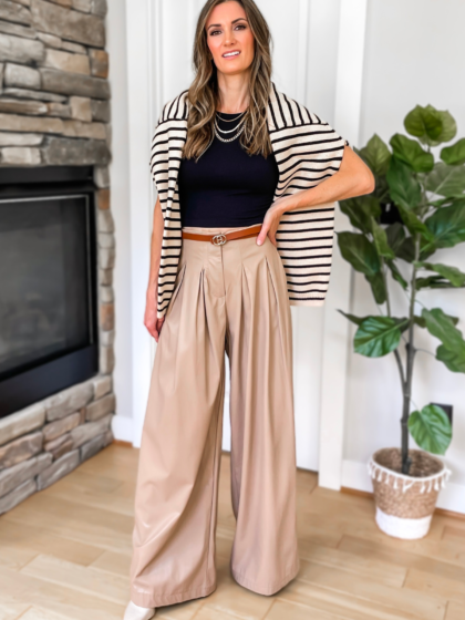 Before Long Faux Leather Pleated Wide Leg Pants - Latte