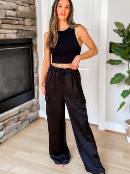 Just For You Satin Cargo Pants - Black - SALE