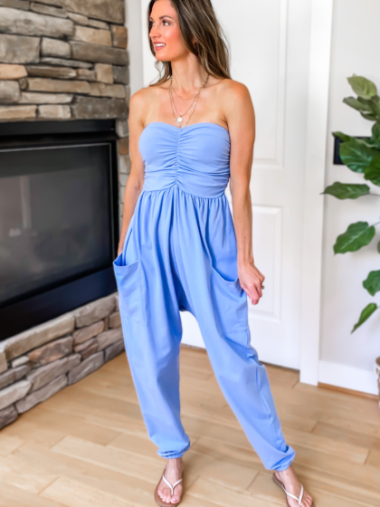 On The Move Strapless Jogger Jumpsuit - Blue - restock!