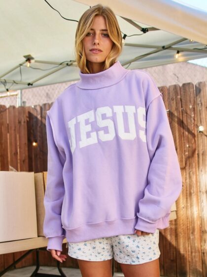 PREORDER - Jesus Embroidered Mock Neck Sweatshirt - Lavender (SHIPS BY 2/15)