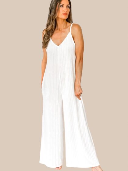 Vacay State Of Mind White Ribbed Wide Leg Jumpsuit - restock! - SALE