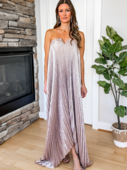 Evening Glow Pleated Satin Maxi Dress – Champagne