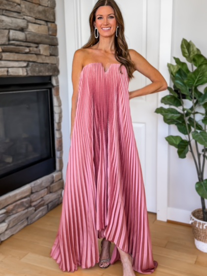 Evening Glow Pleated Satin Maxi Dress – Mauve