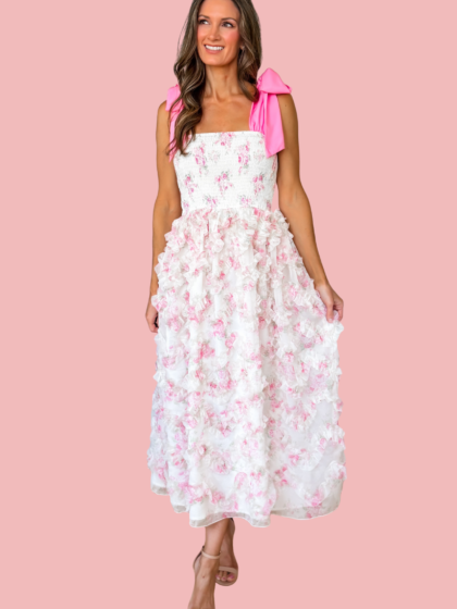 Floral Smocked Ruffle Organza Midi Dress - Pink