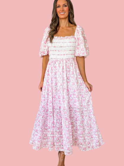 Charlotte Floral Bow Print Smocked Midi Dress - Off White and Pink