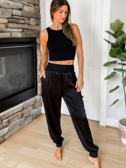 Level Up Satin Cargo Joggers - Black