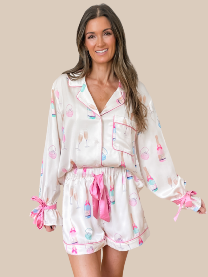 Ring and Champagne Ribbon Bow Satin Pajama Set - Ivory and Pink