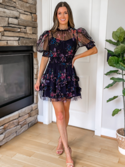 Navy Puff Sleeve Floral Mesh Overlay Mini Dress