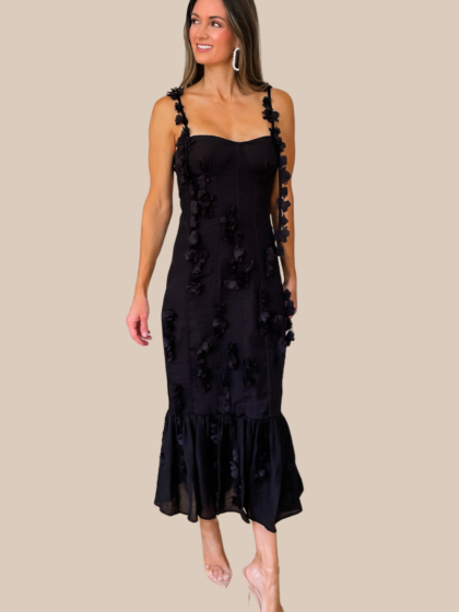 Enchanted Moment Floral Applique Midi Dress - Black - restock!