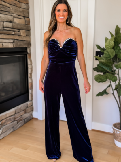 Evie Velvet and Pearl Strapless Jumpsuit - Navy