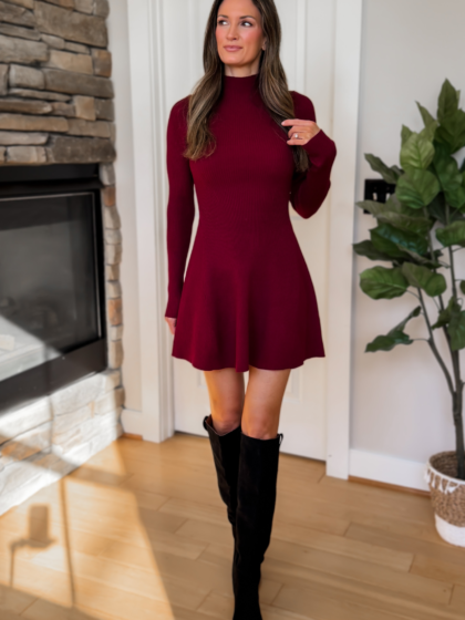 Noelle Long Sleeve Fit and Flare Mini Dress - Burgundy