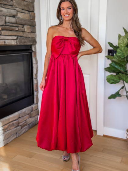 Moonlit Romance Strapless Red Bow Midi Dress