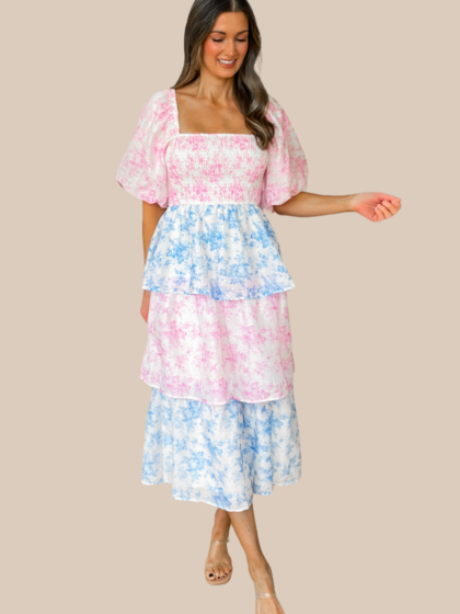 Tea Party Tiered Midi Dress - Pink and Blue - restock!