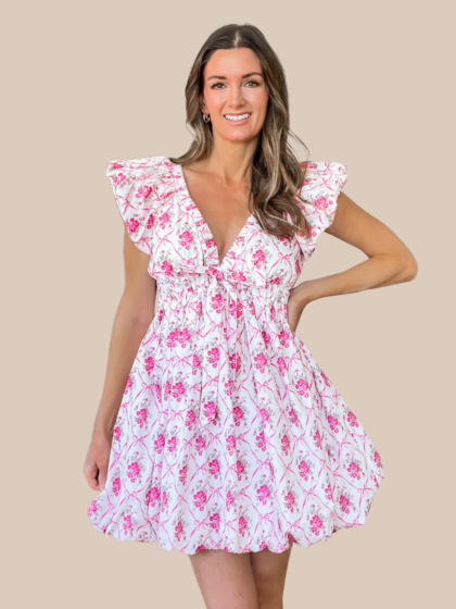Dance With Me Floral And Bow Print Bubble Mini Dress