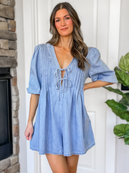 Kelsea Pleated Front Tie Denim Romper