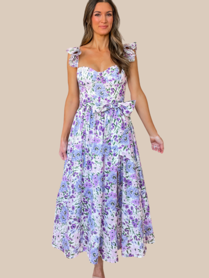 Sunday Brunch Floral Bustier Midi Dress - Lilac
