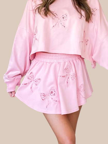 Coquette Bow Lace French Terry Skort - Pink