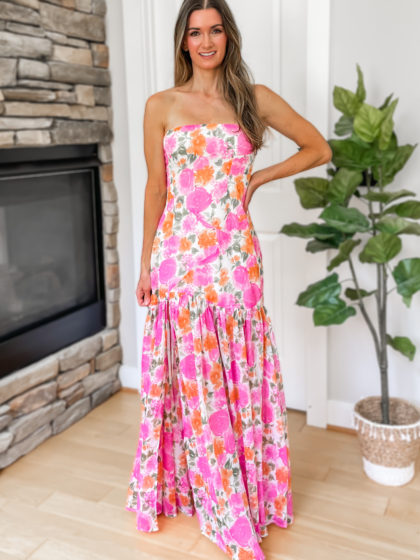 Sophia Floral Strapless Maxi Dress - Pink and White