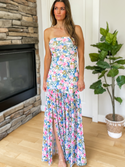 Sienna Blue Floral Strapless Maxi Dress