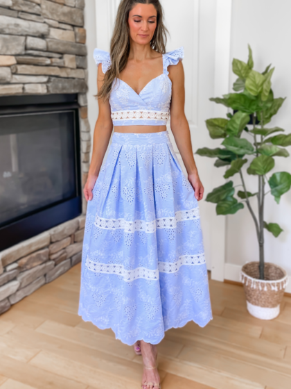 Farah Eyelet Two Piece Skirt Set - Blue