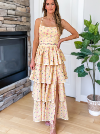 Vineyard Stroll Yellow Floral Print Maxi Dress