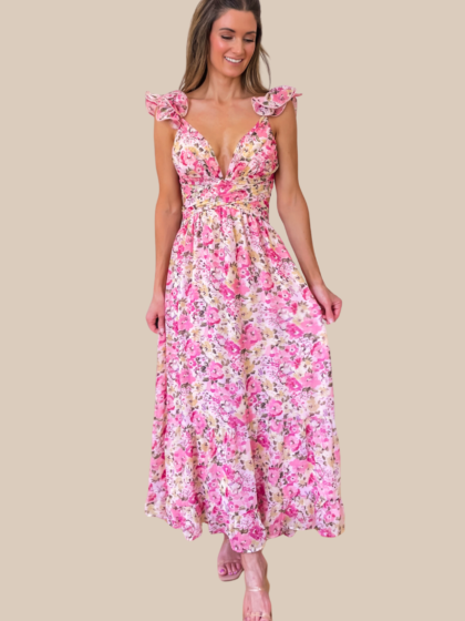Summer Blooms Midi Dress - Pink and Yellow Floral