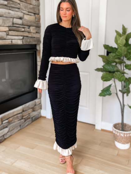 Lendie Ruched Two Piece Skirt Set - Black and Cream