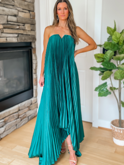 Evening Glow Pleated Satin Maxi Dress – Emerald - restock!