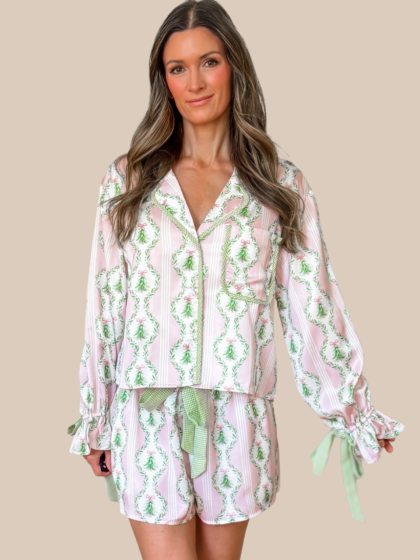 Festive Satin Christmas Tree Pajama Set - Pink and Green