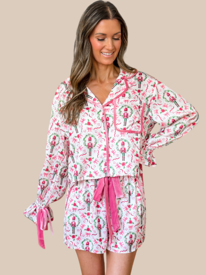 Pink Santa, Nutcracker, and Bows Satin Pajama Set