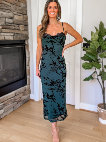 Lena Floral and Lace Midi Dress - Emerald