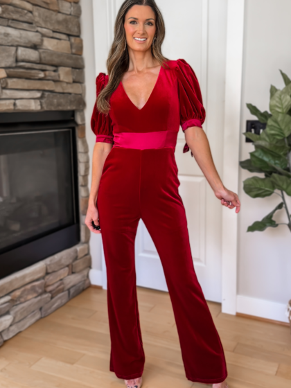 Bow Sleeve Velvet Jumpsuit - Burgundy