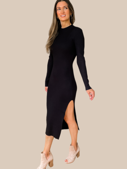 Never Impossible Ribbed Midi Sweater Dress - Black - SALE
