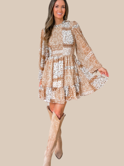 Let's Dance Tan Print Dress