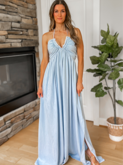 Chasing Sunsets Chambray Halter Maxi Dress