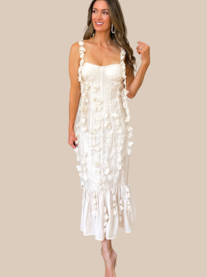 Enchanted Moment Floral Applique Midi Dress - Cream - restock!